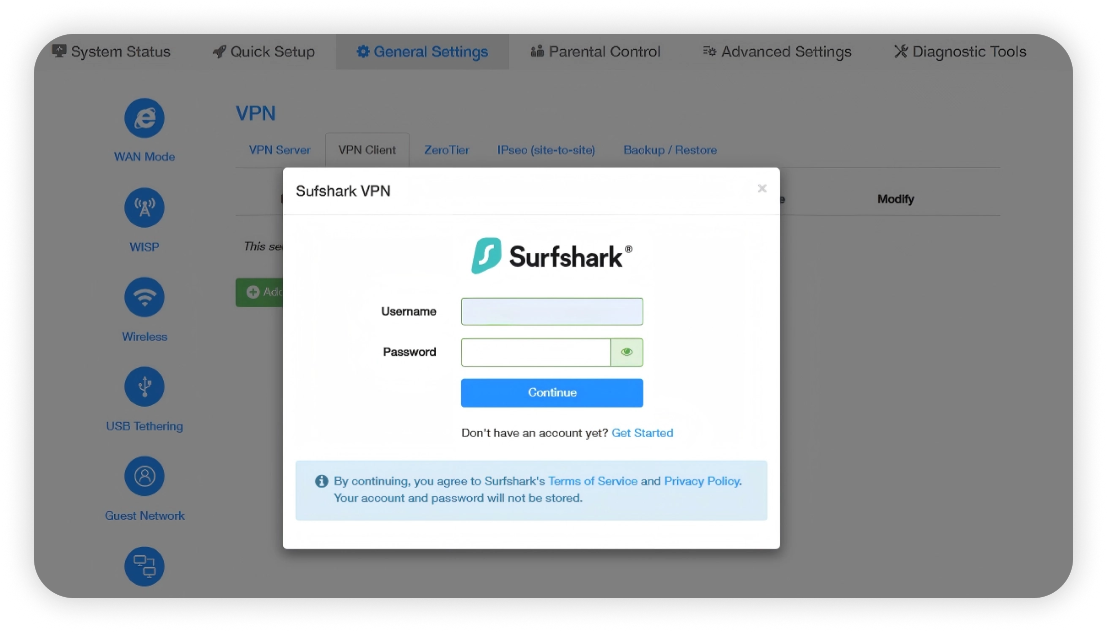 Cudy Surfshark VPN login popup with Username and Password