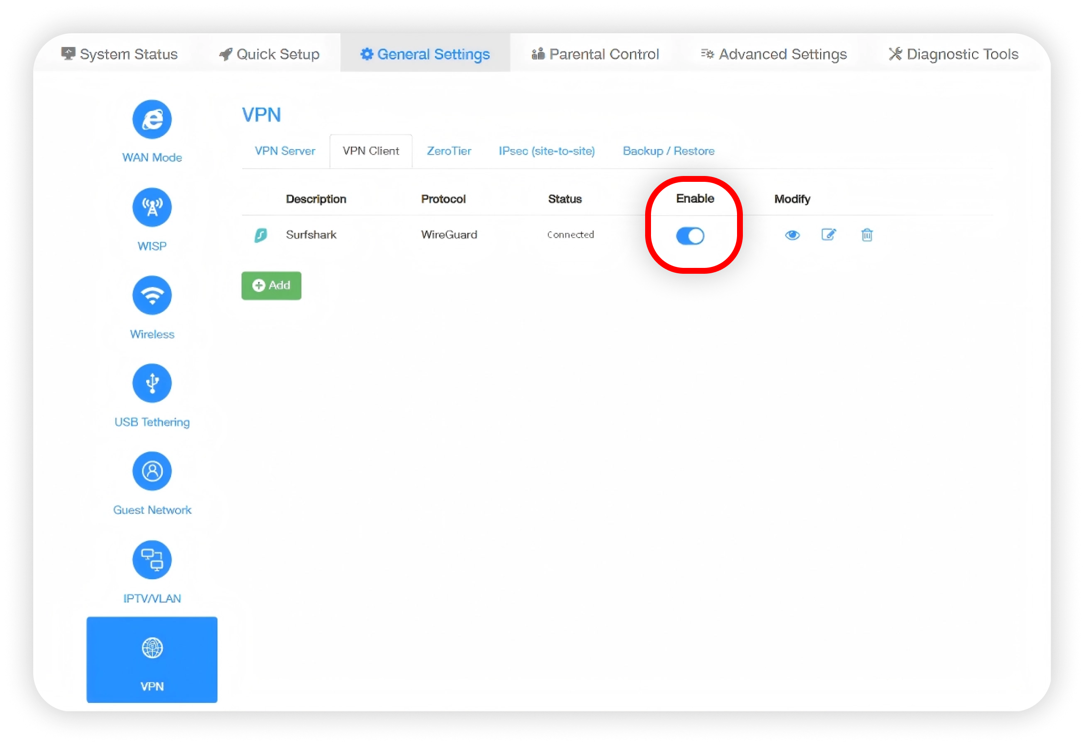 Cudy VPN Client table with Enable toggle circled