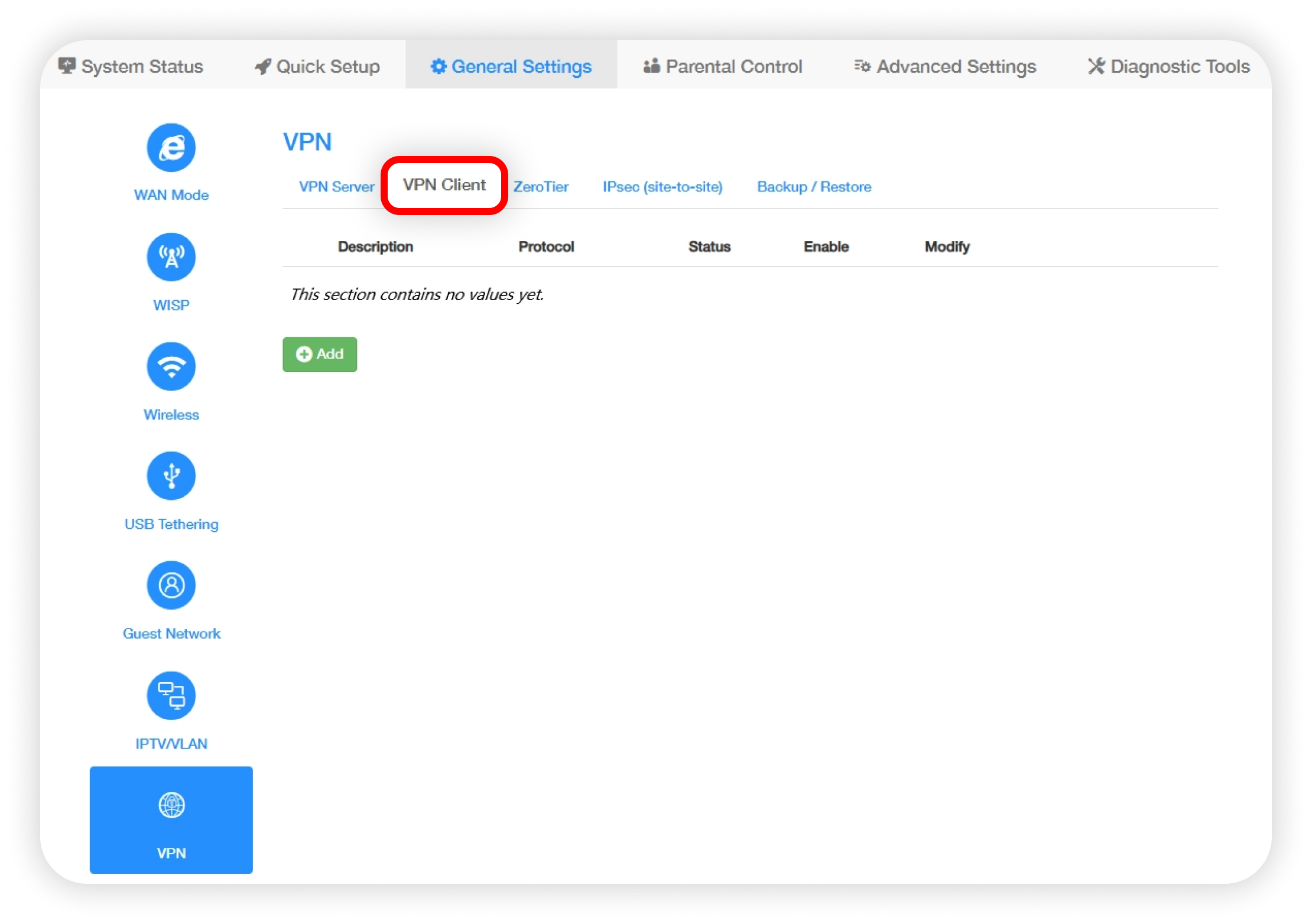Cudy VPN page with VPN Client tab circled