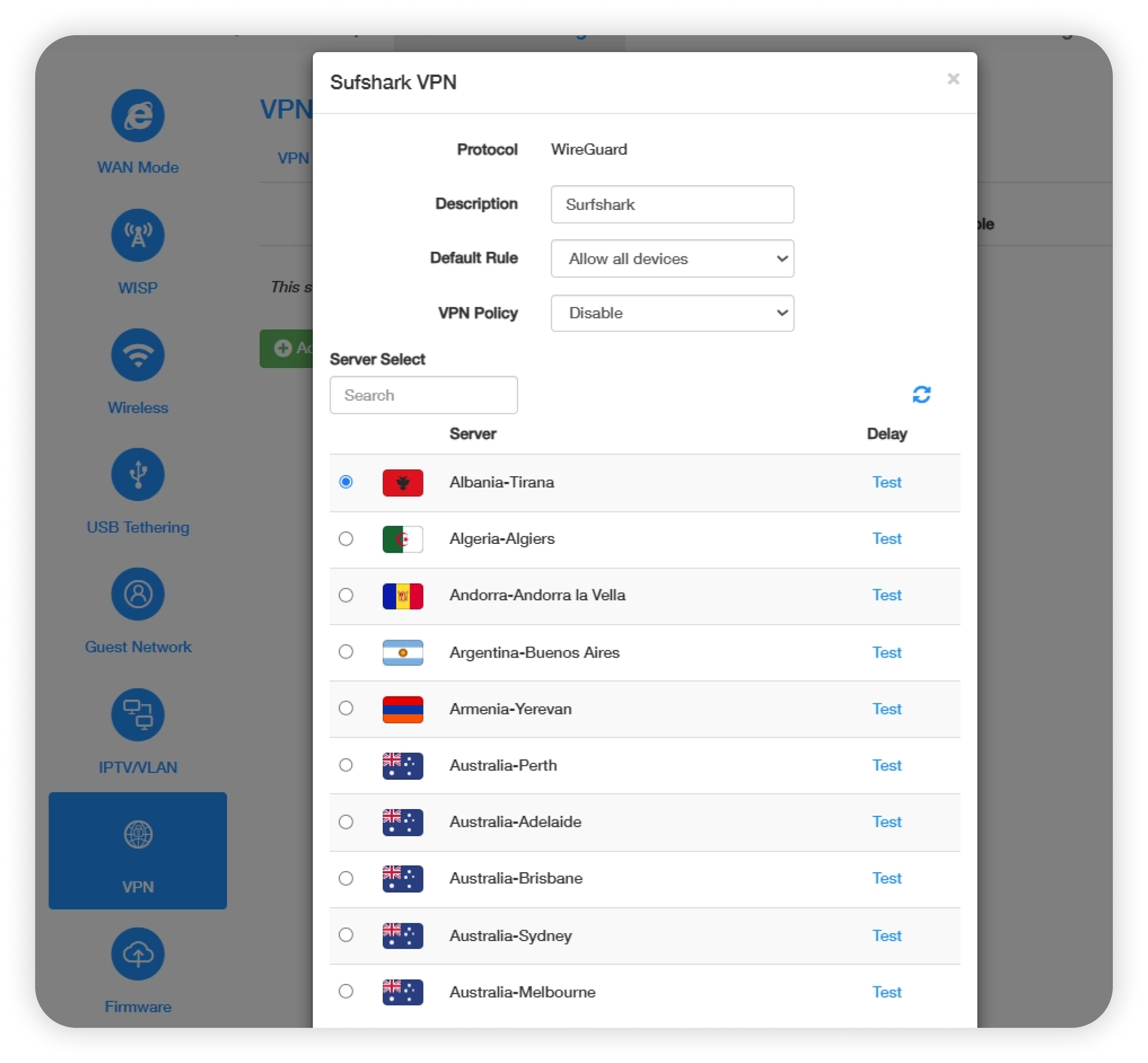 Cudy Surfshark VPN settings popup with server list