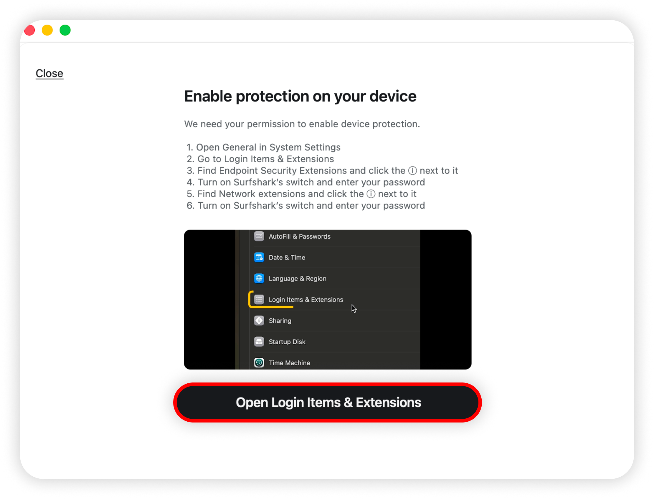 Enable protection on your device with Open Login Items & Extensions highlighted