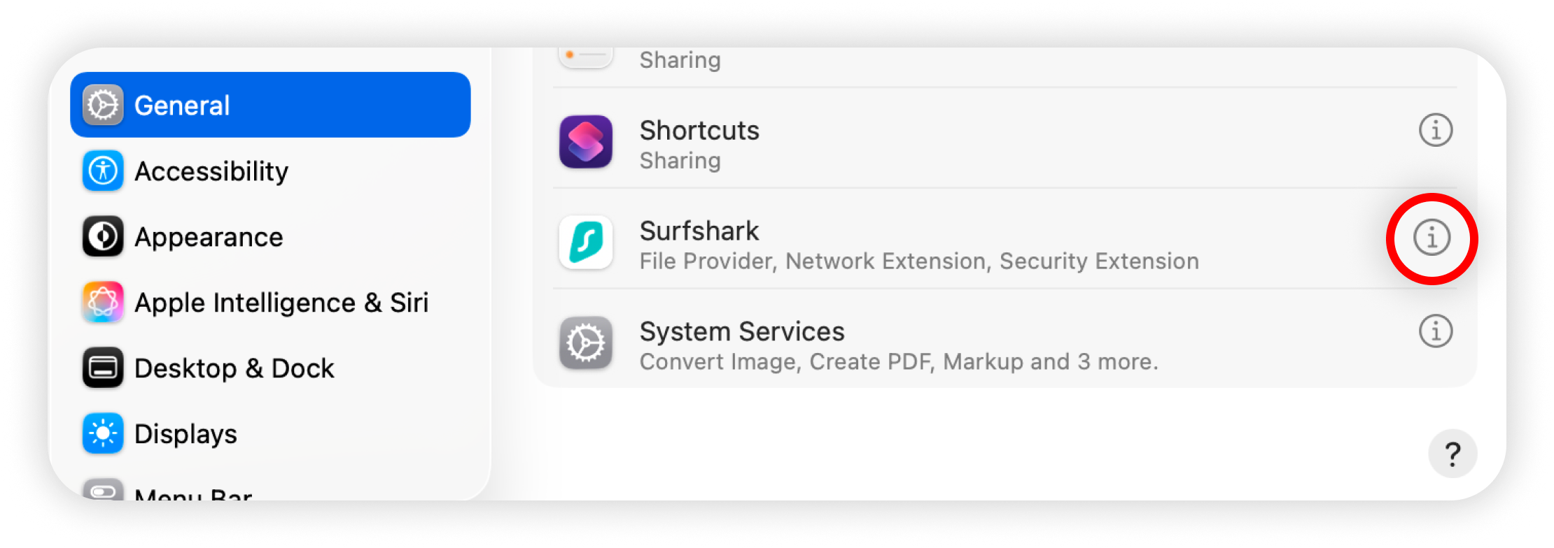 Login Items & Extensions with the information button next to Surfshark highlighted