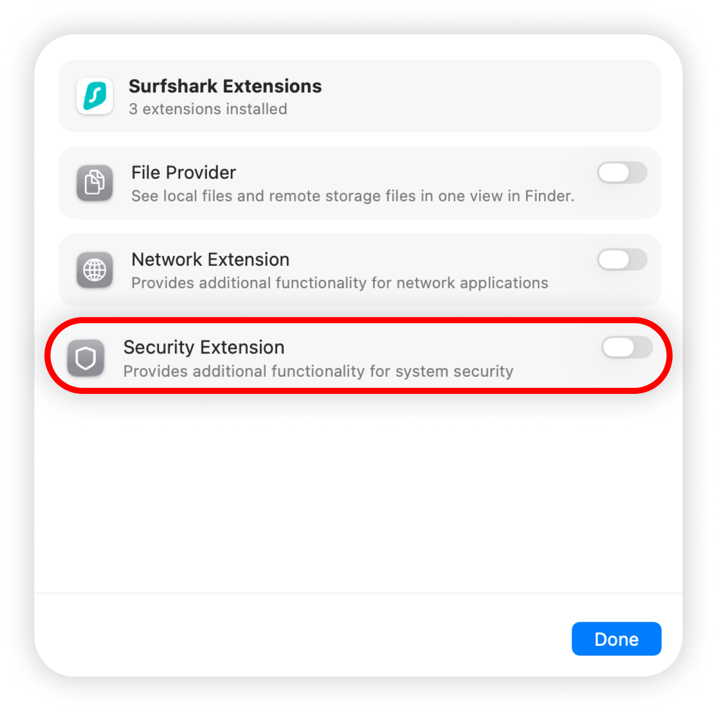 Surfshark Extensions with Security Extension highlighted and Done