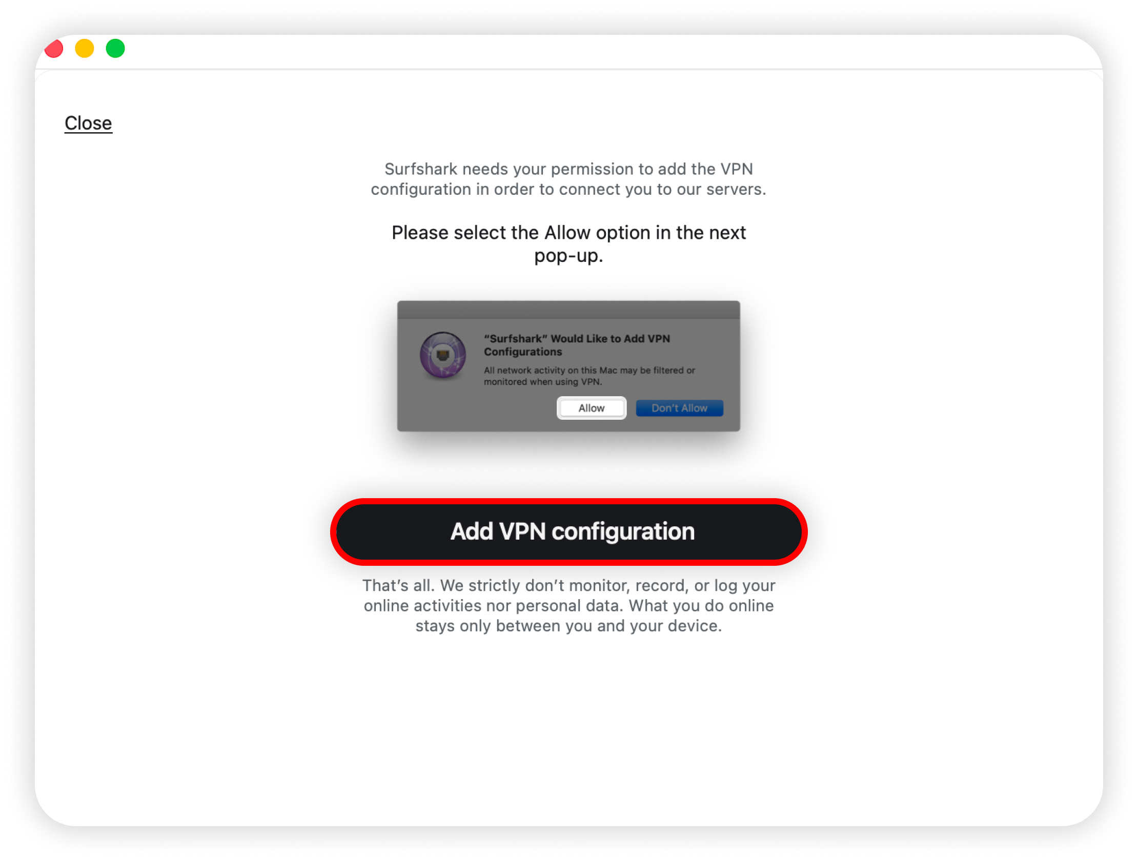 Surfshark Add VPN Configuration screen with Add VPN configuration highlighted