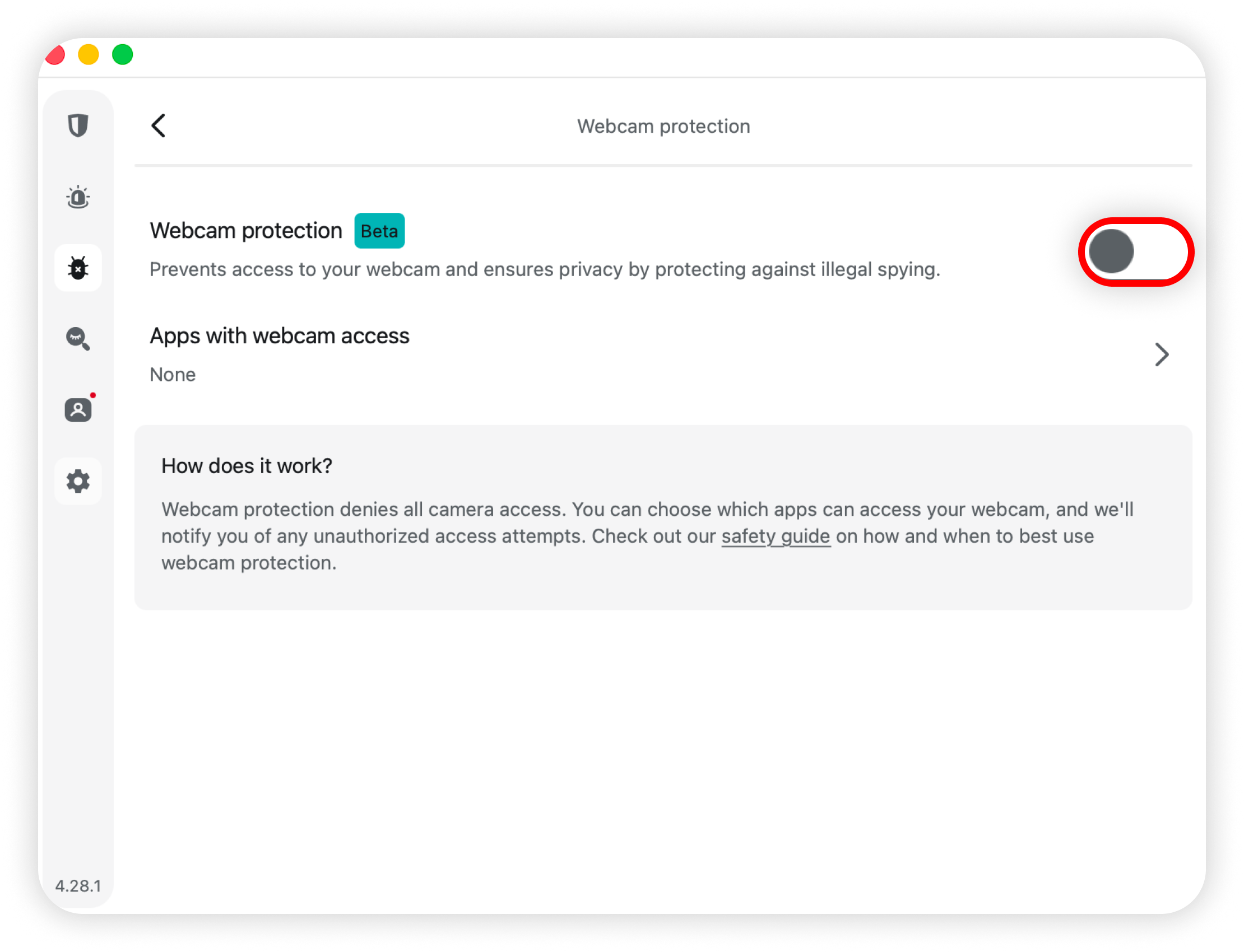 Webcam protection screen with the toggle highlighted