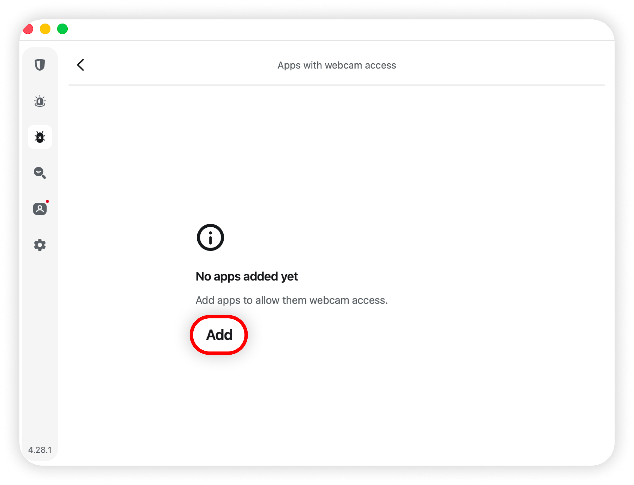Apps with webcam access empty state with Add highlighted