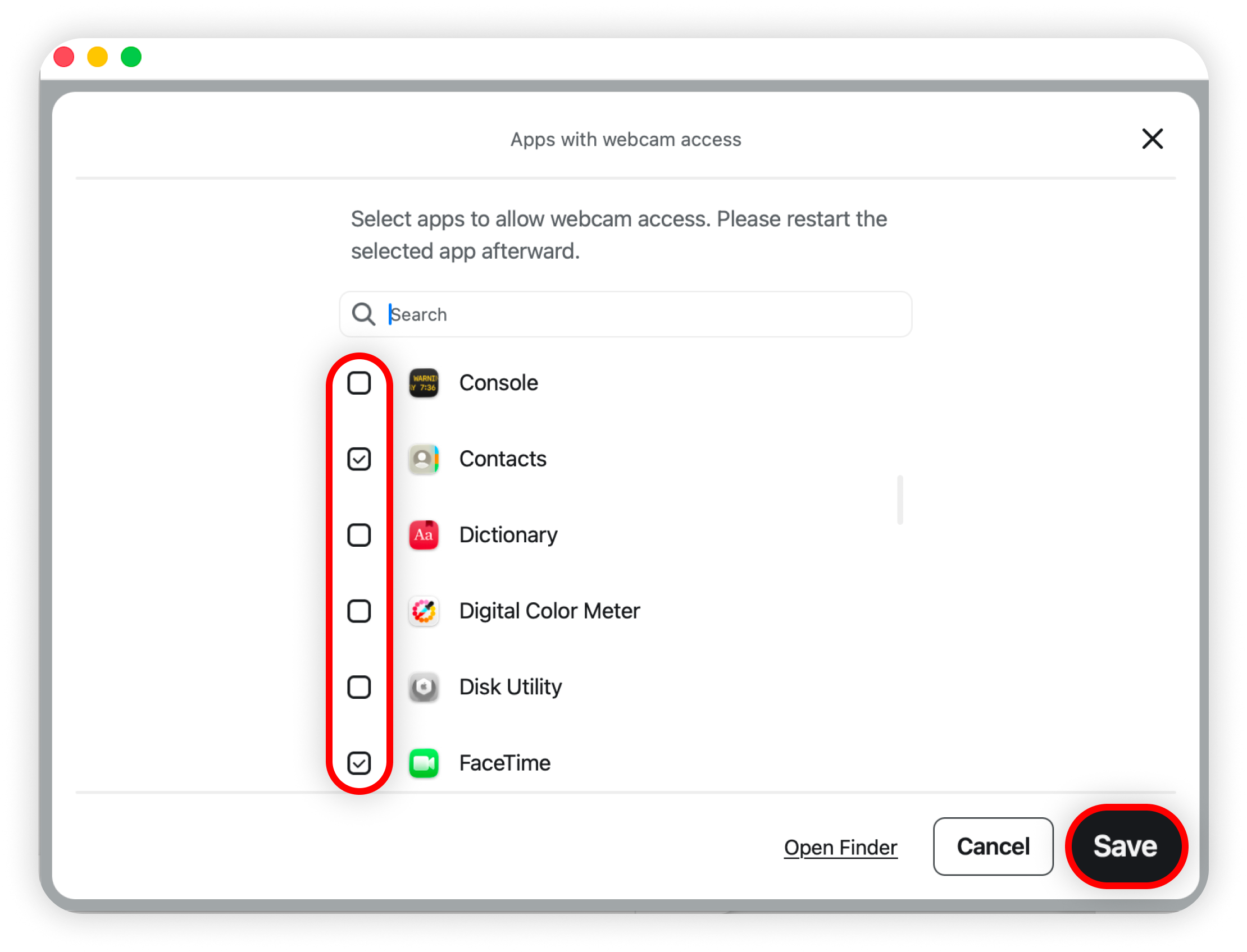 App checklist with Contacts and FaceTime selected and Save highlighted