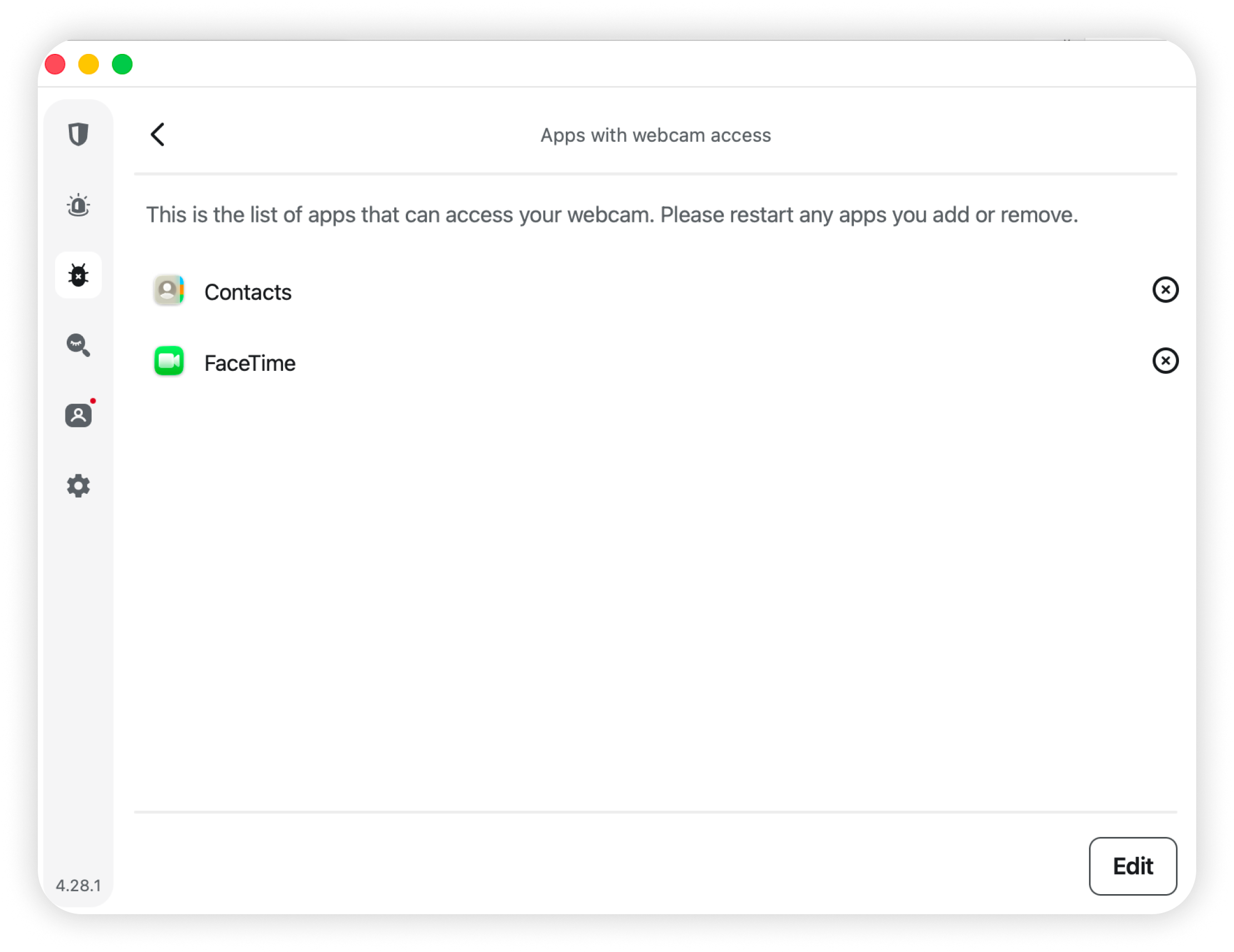 Apps with webcam access listing Contacts and FaceTime