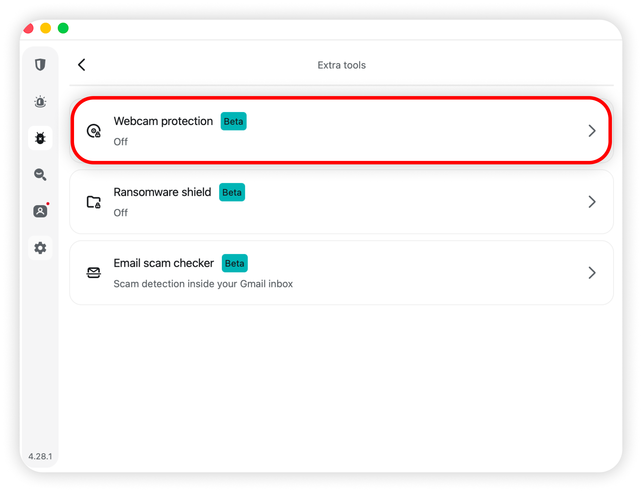 Extra tools list with Webcam protection highlighted