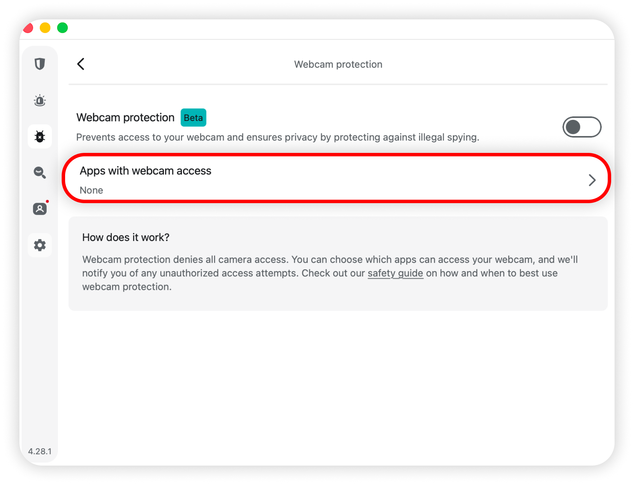 Webcam protection with Apps with webcam access highlighted