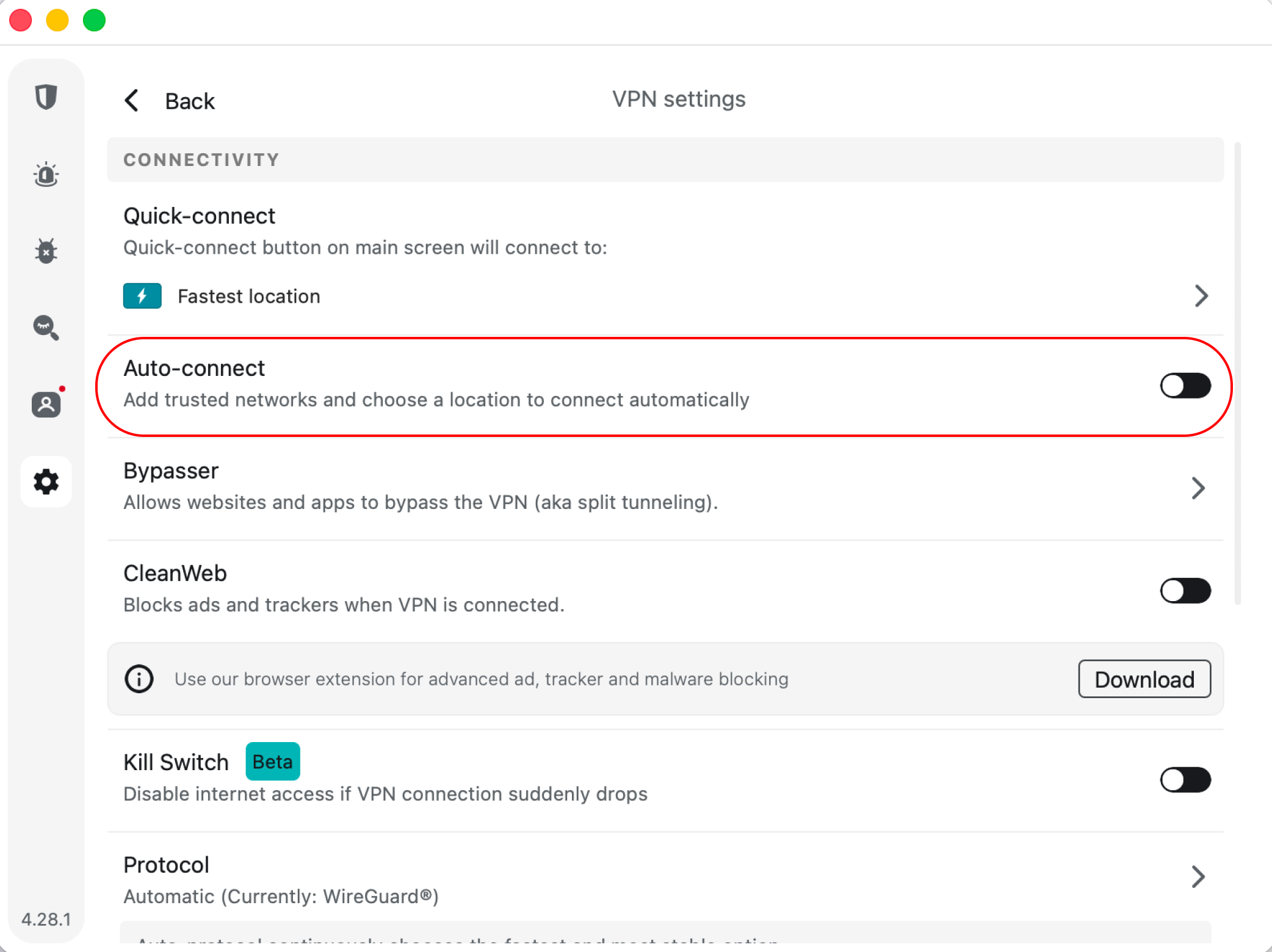 VPN Settings with the Auto-connect toggle highlighted