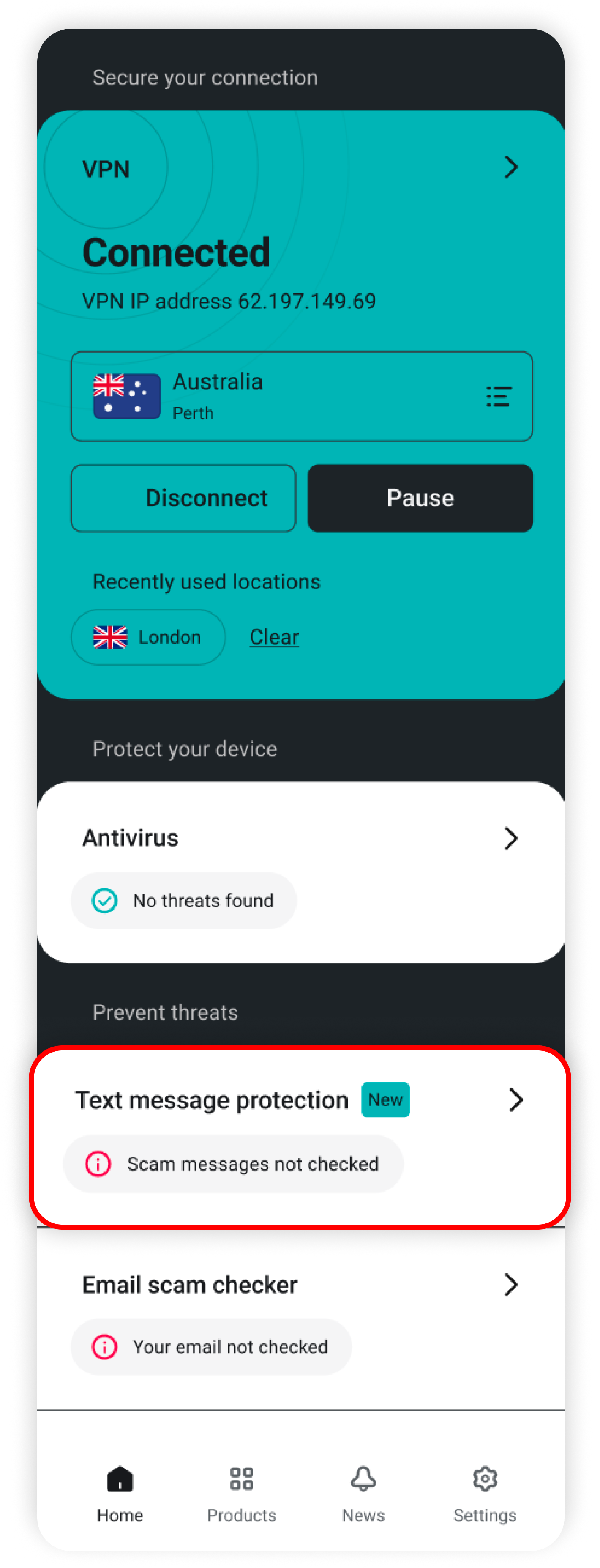 Surfshark home with Text message protection circled