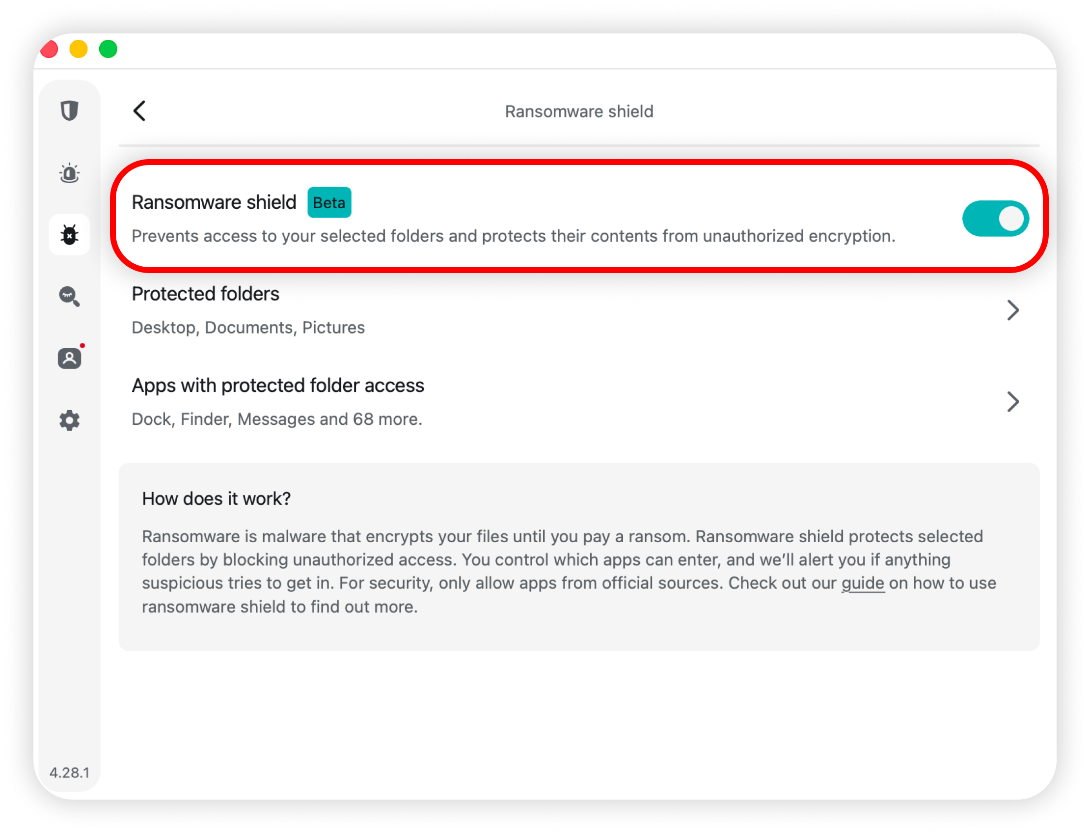 Ransomware shield page with the toggle switched on