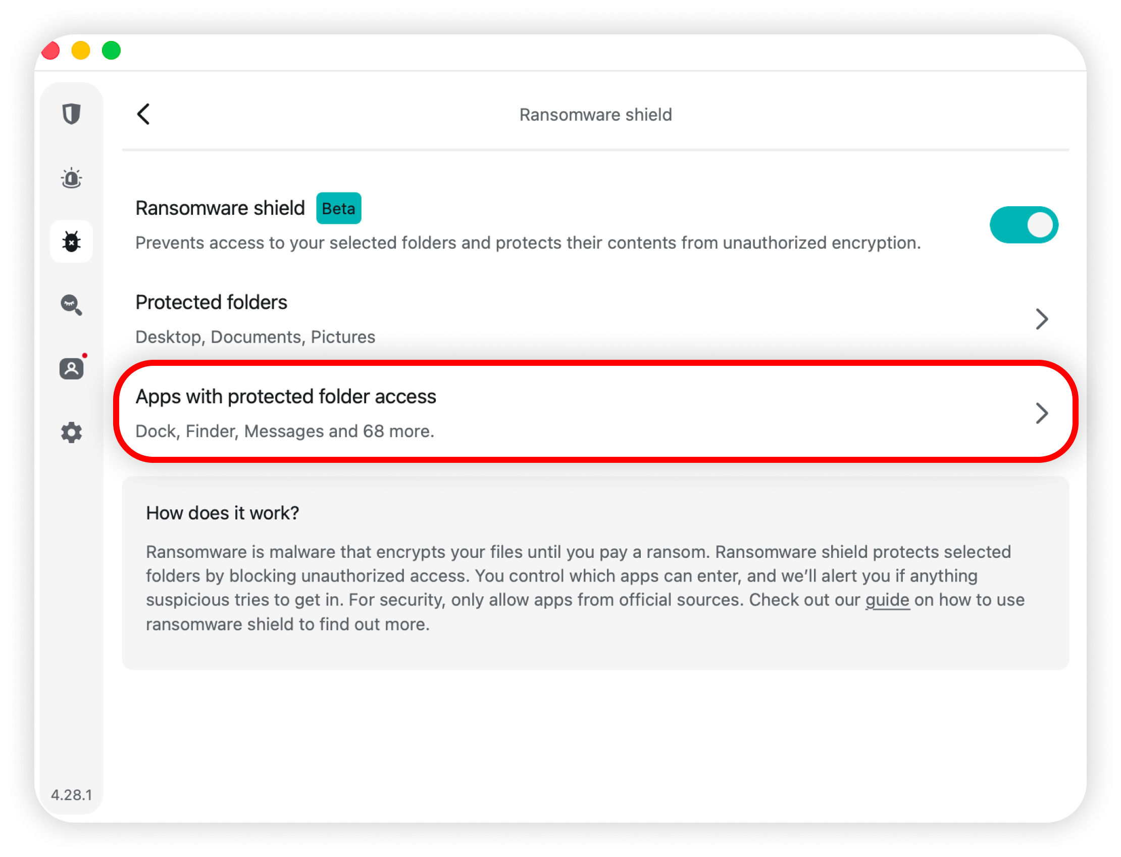 Ransomware shield page with Apps with protected folder access highlighted