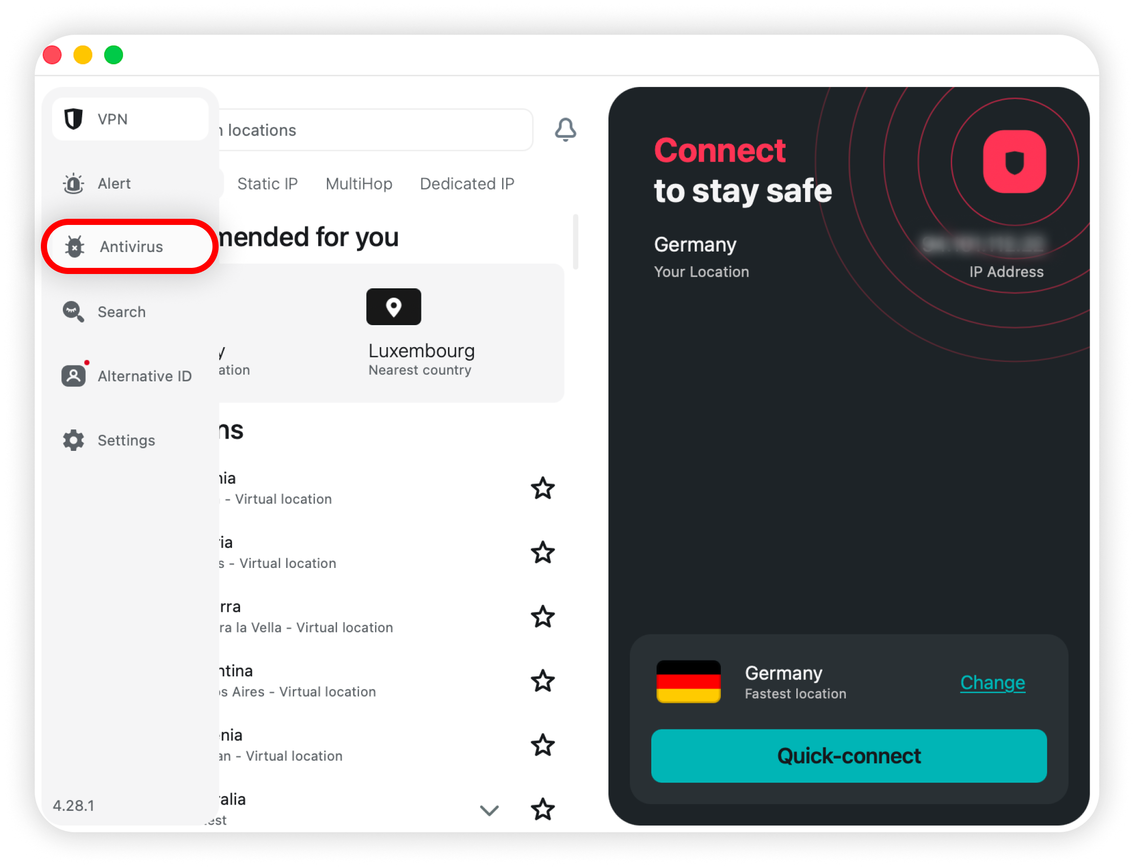 Surfshark macOS app sidebar with Antivirus highlighted