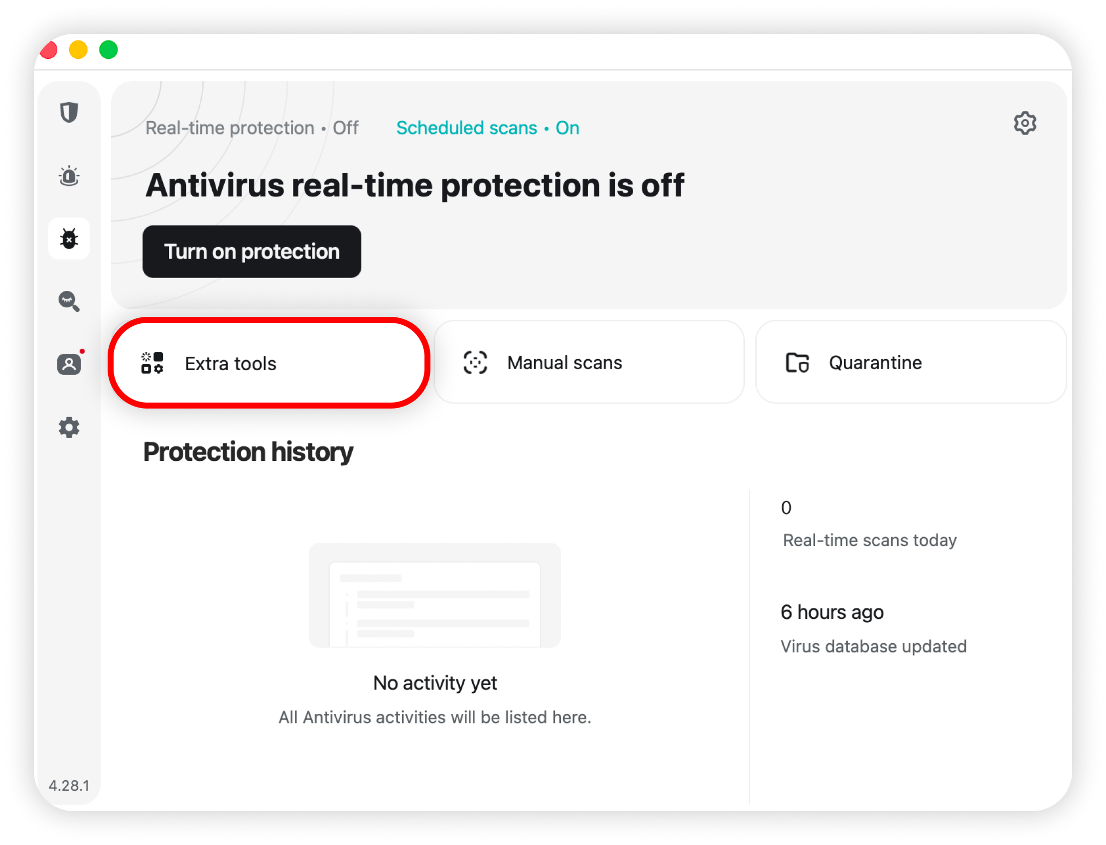Antivirus page with Extra tools highlighted