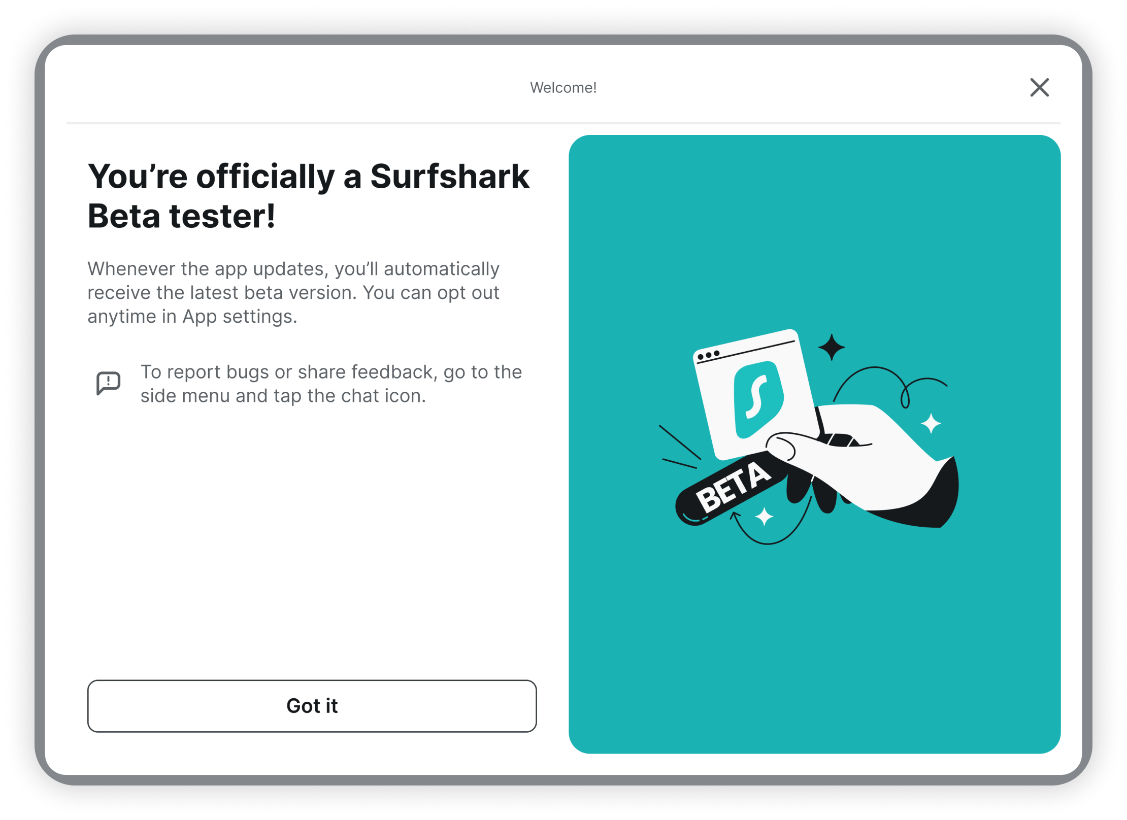 You're officially a Surfshark Beta tester confirmation
