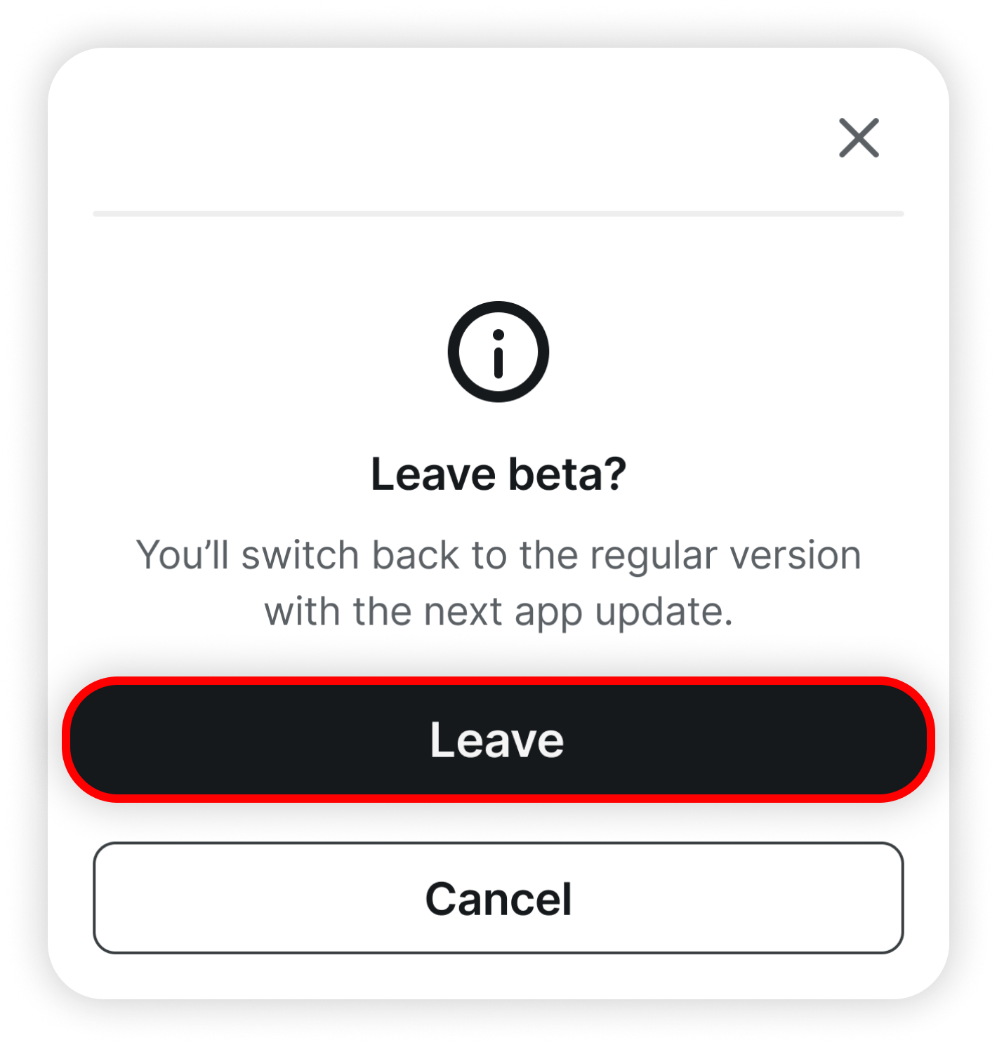 Leave beta confirmation dialog with Leave circled
