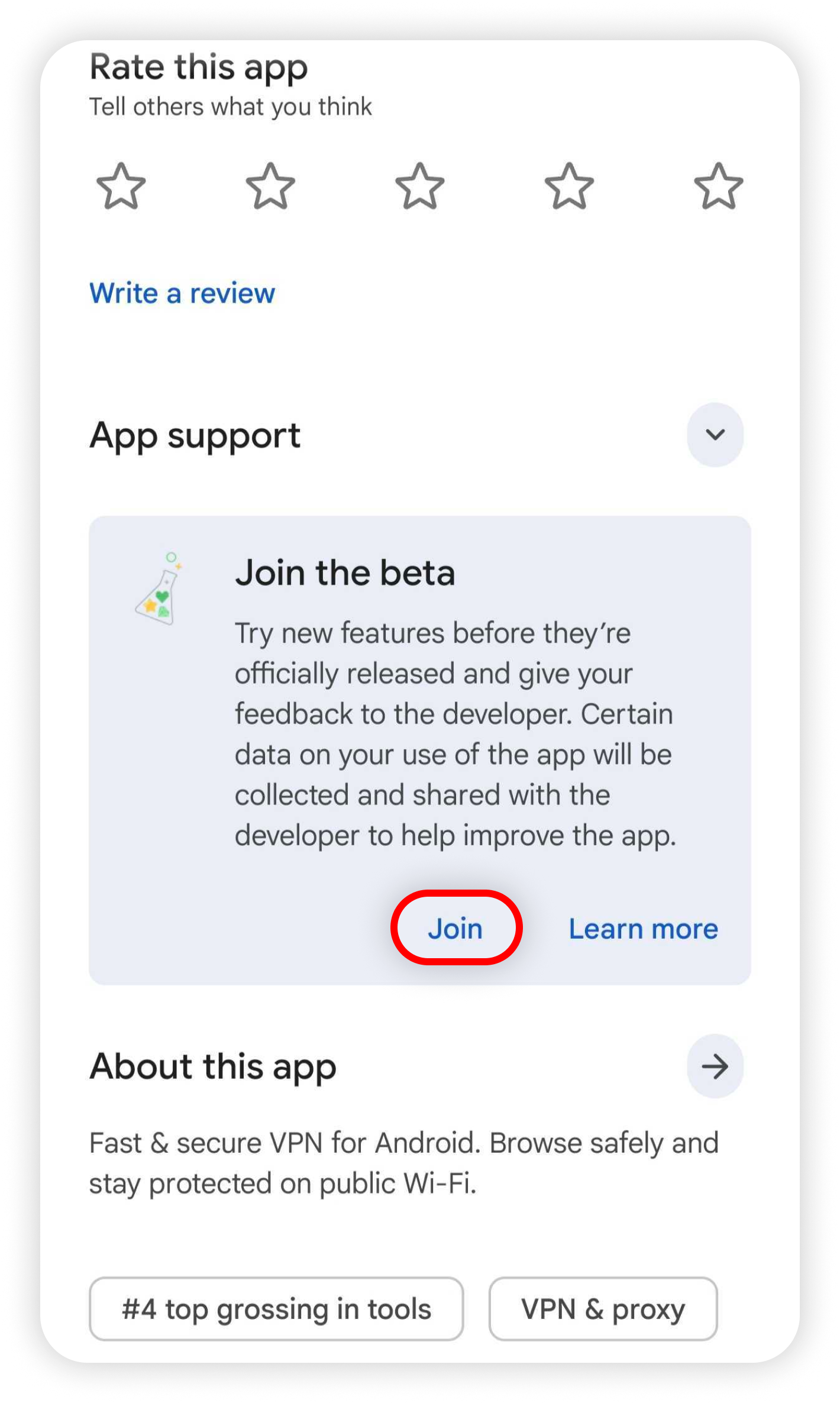 Google Play Join the beta section with Join circled
