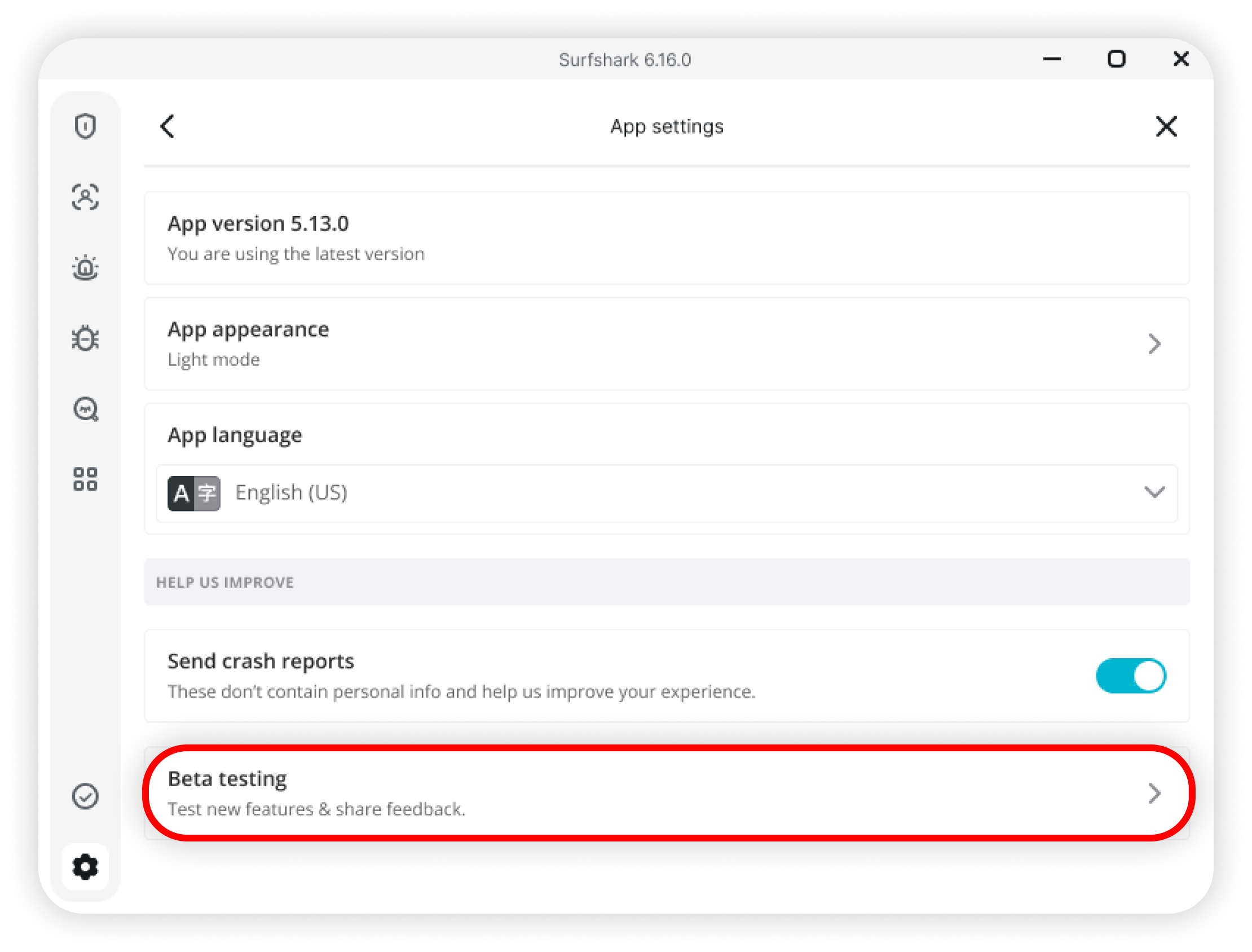 Surfshark App settings with Beta testing highlighted