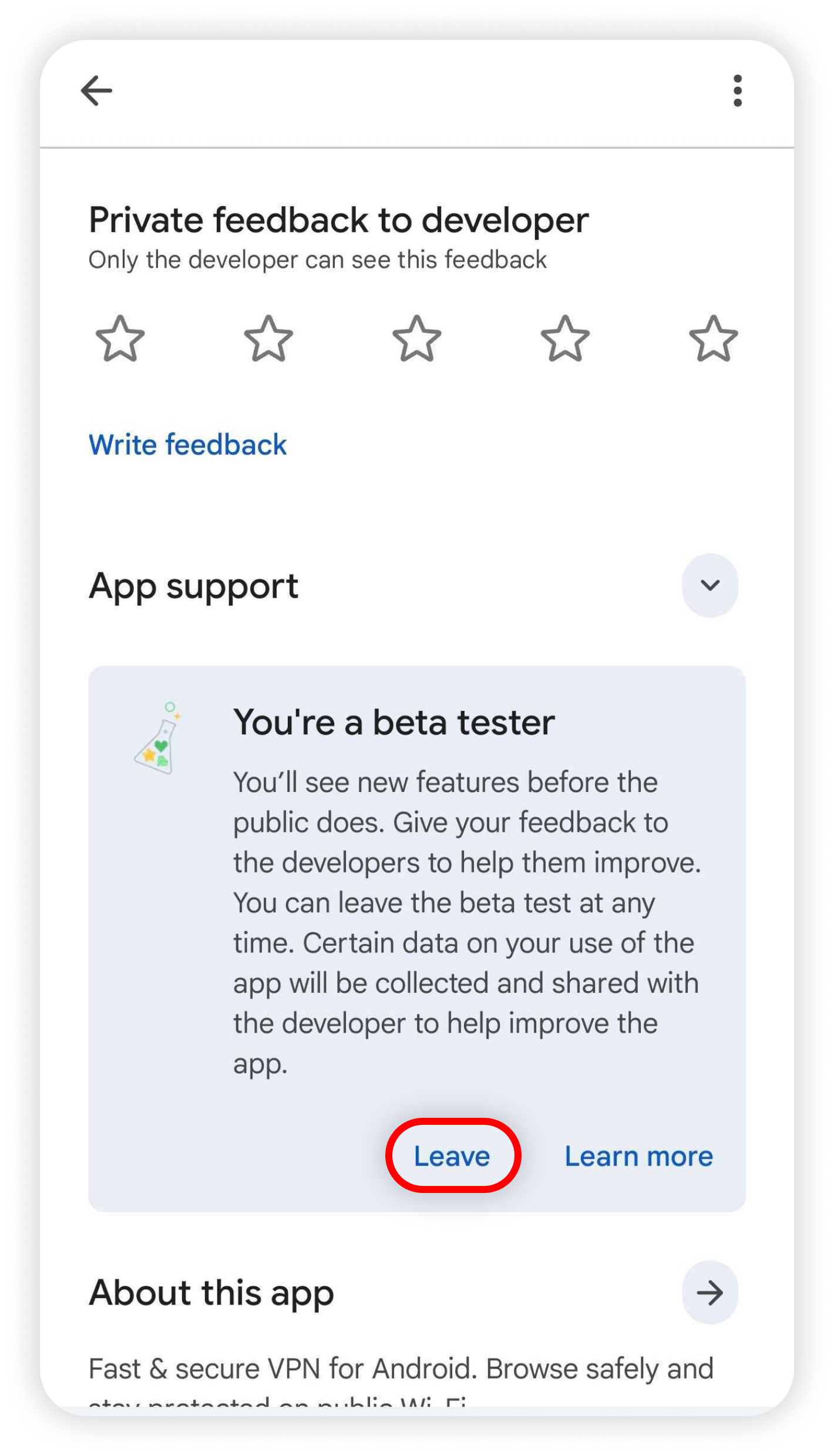 Google Play You're a beta tester section with Leave circled