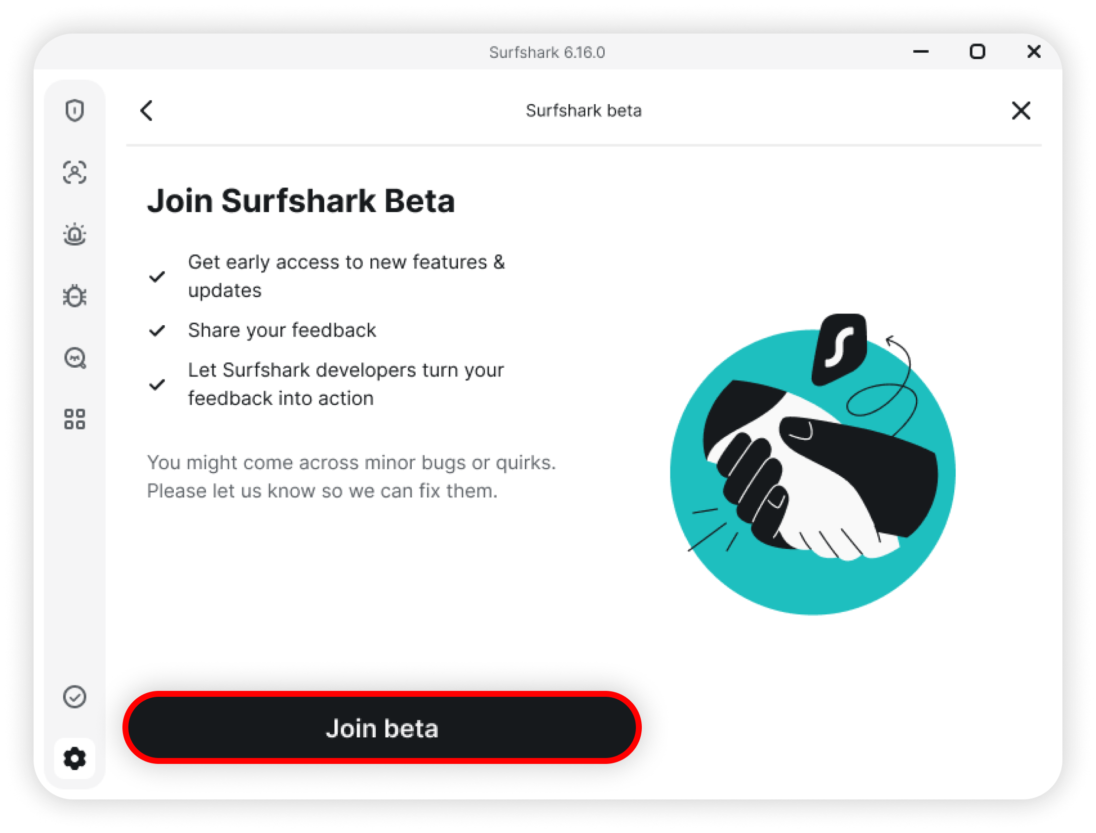 Join Surfshark Beta window with Join beta button