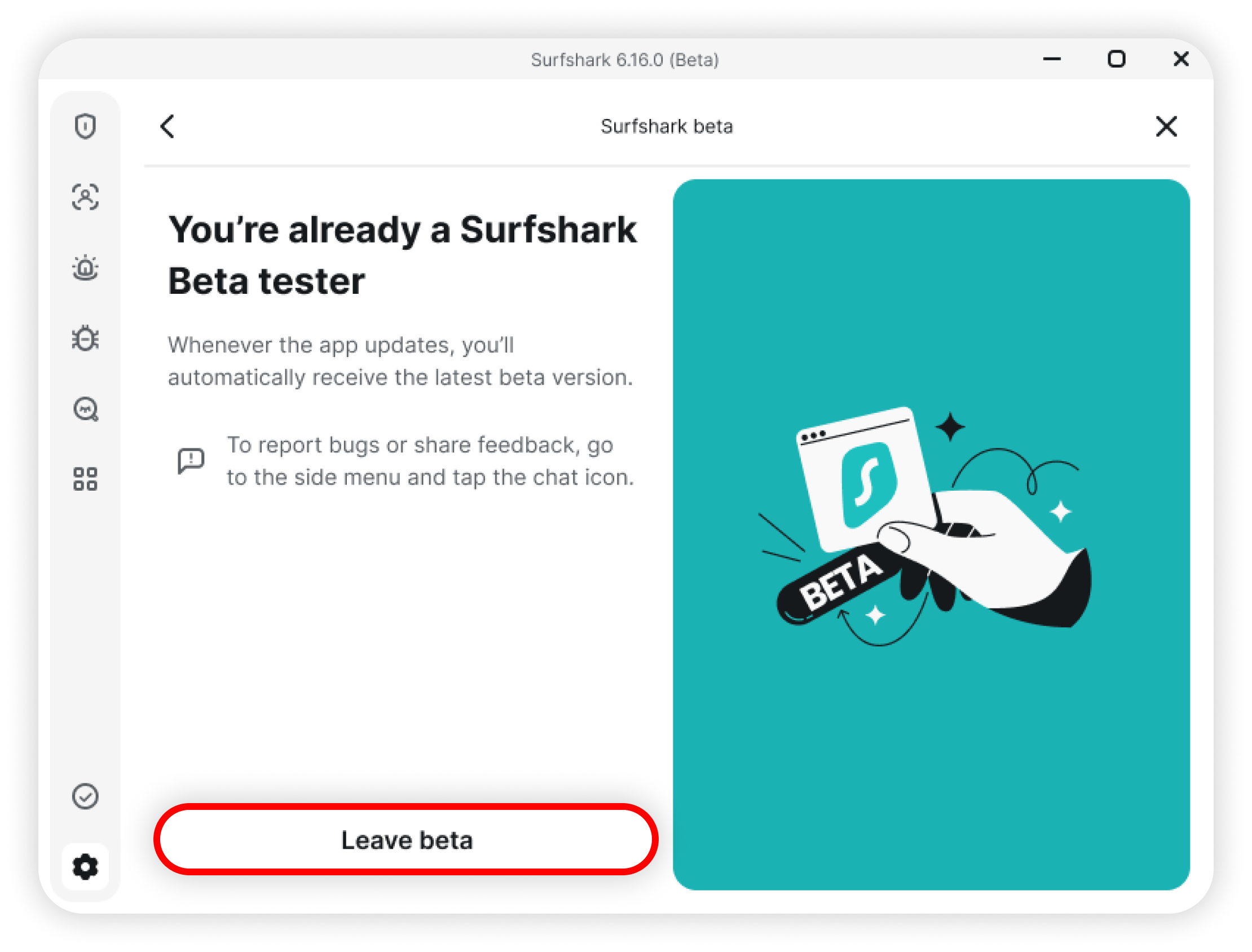 You're already a Surfshark Beta tester with Leave beta circled