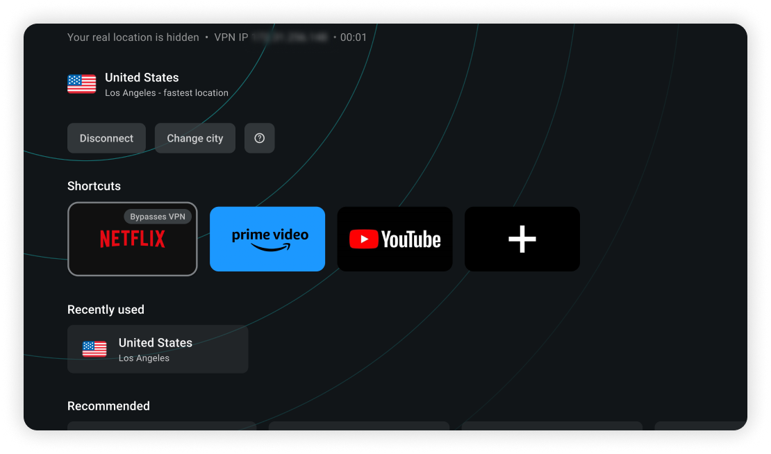 alt="Surfshark home screen showing shortcuts row with Bypasses VPN indicated on Netflix"