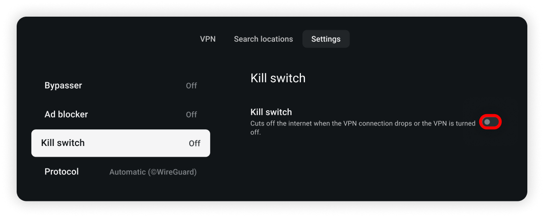 alt="Kill switch toggle showing in the VPN settings"