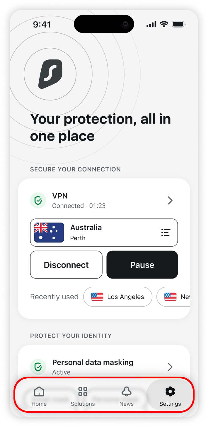 Surfshark home page with navigation tabs highlighted 