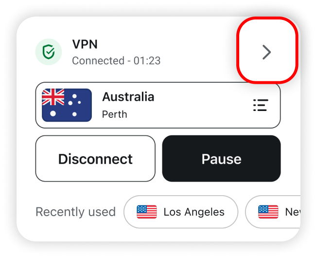 Arrow highlighted in the VPN tile, next to the VPN status