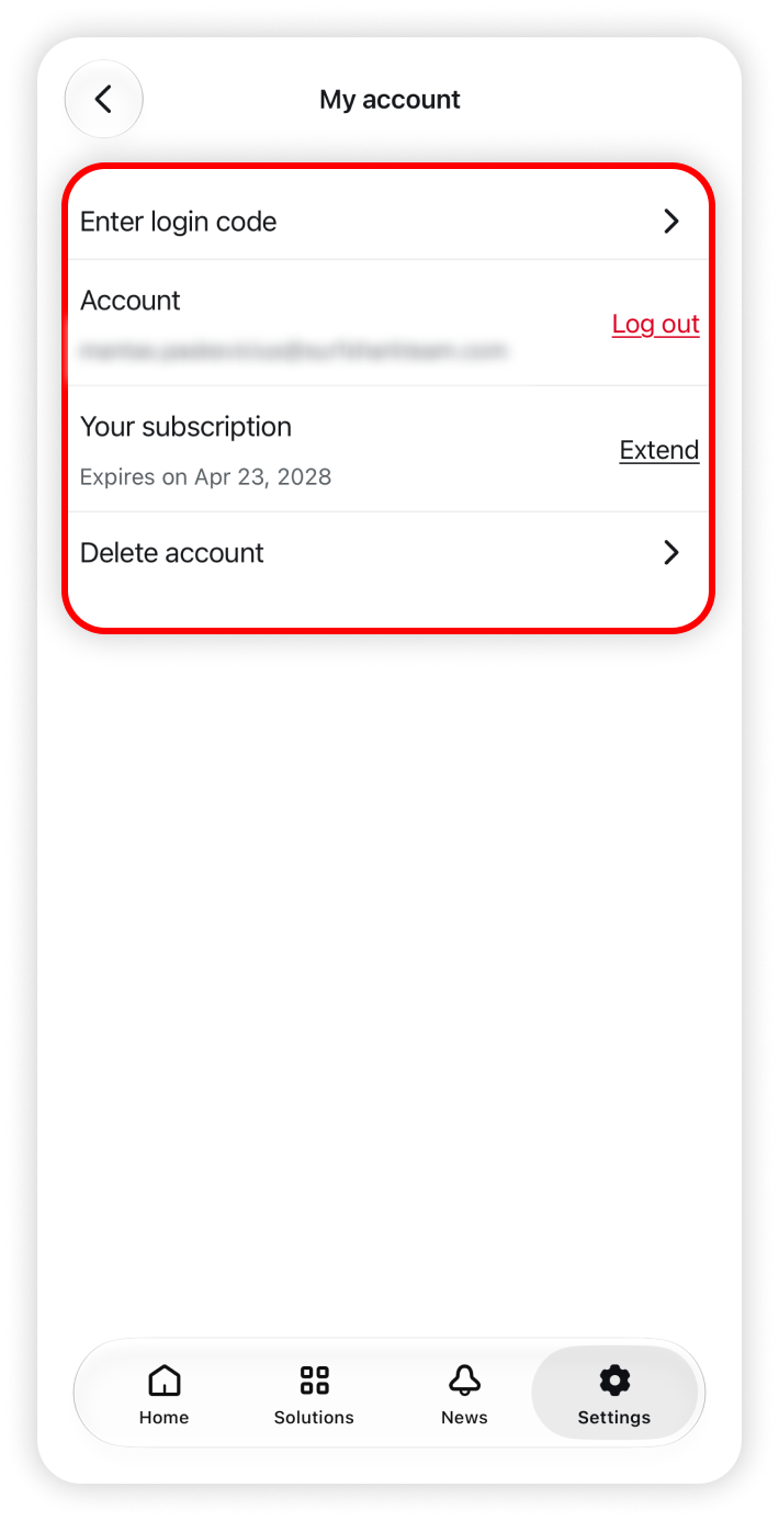 My account settings view opened