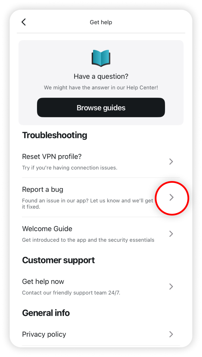 Arrow highlighted next to report a bug section