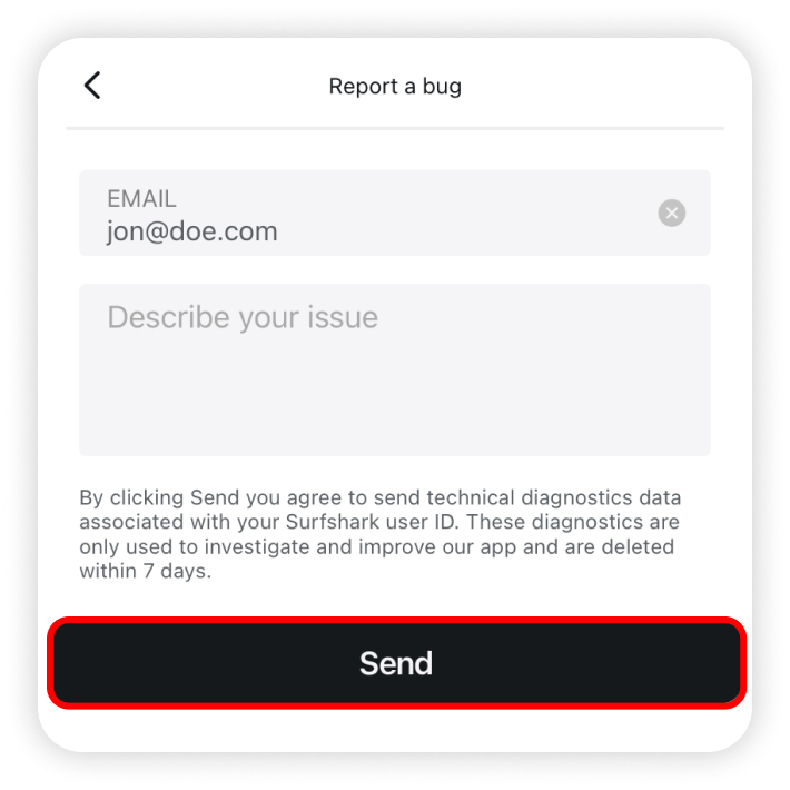 Send button highlighted in the report a bug form