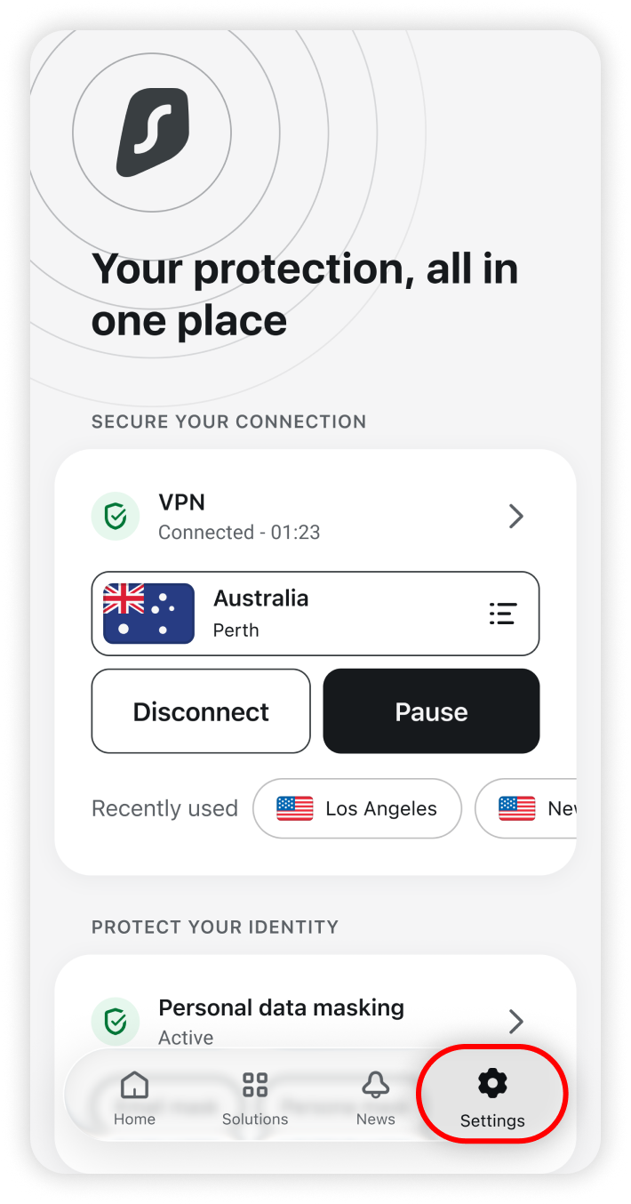 Settings tab highlighted at the bottom right of the homescreen