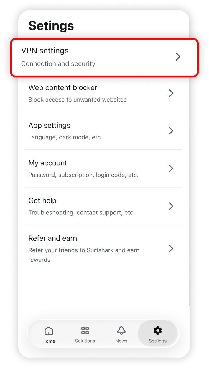 VPN settings highlighted in the settings tab