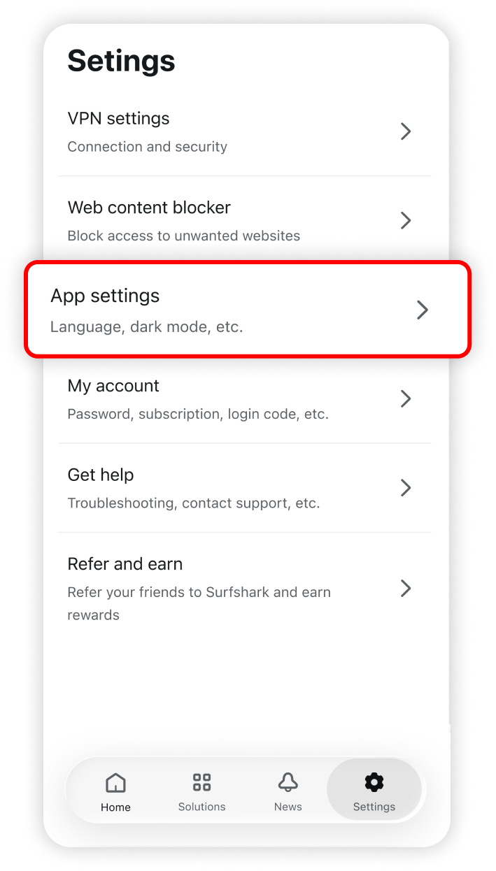 App settings button highlighted in settings