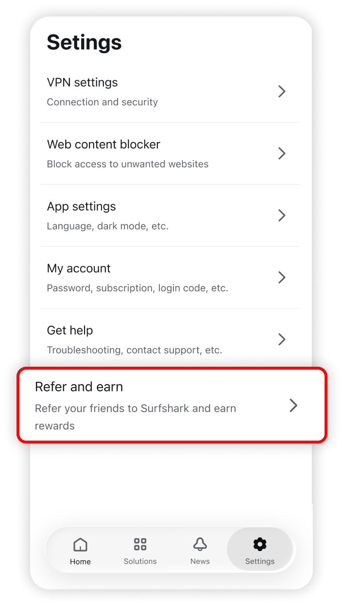 Refer and earn section highlighted in settings