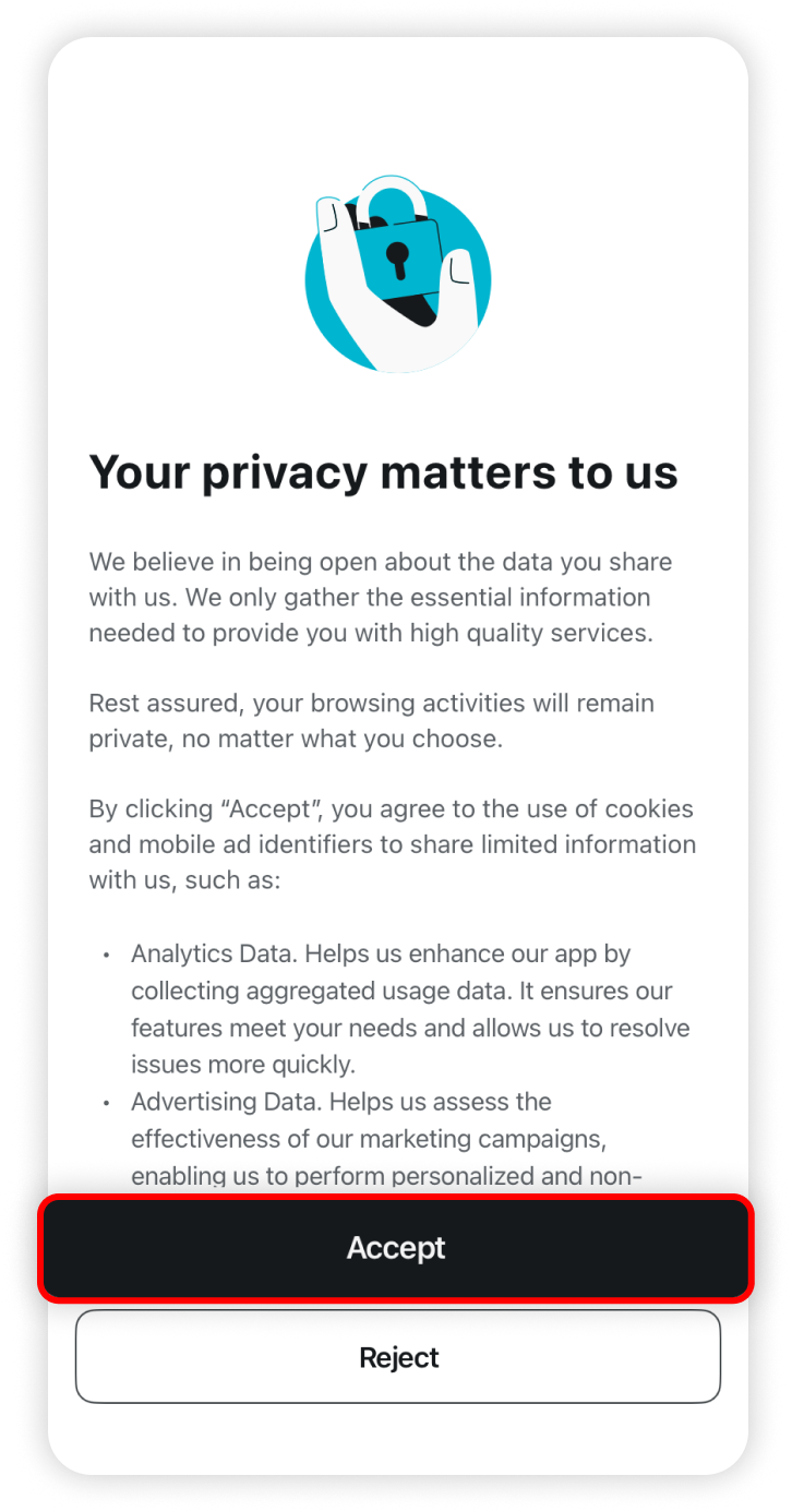Accept button highlighted in the privacy policy prompt