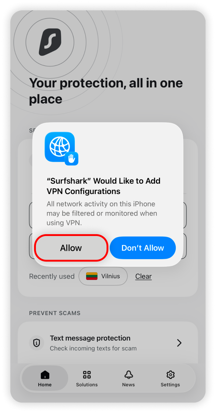 Allow button highlighted in the VPN configurations prompt
