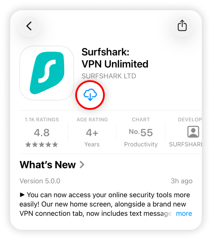 Surfshark opened in the App Store with the download button highlighted 