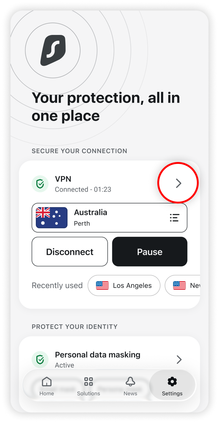 Surfshark application home screen with VPN solution tile arrow button highlighted