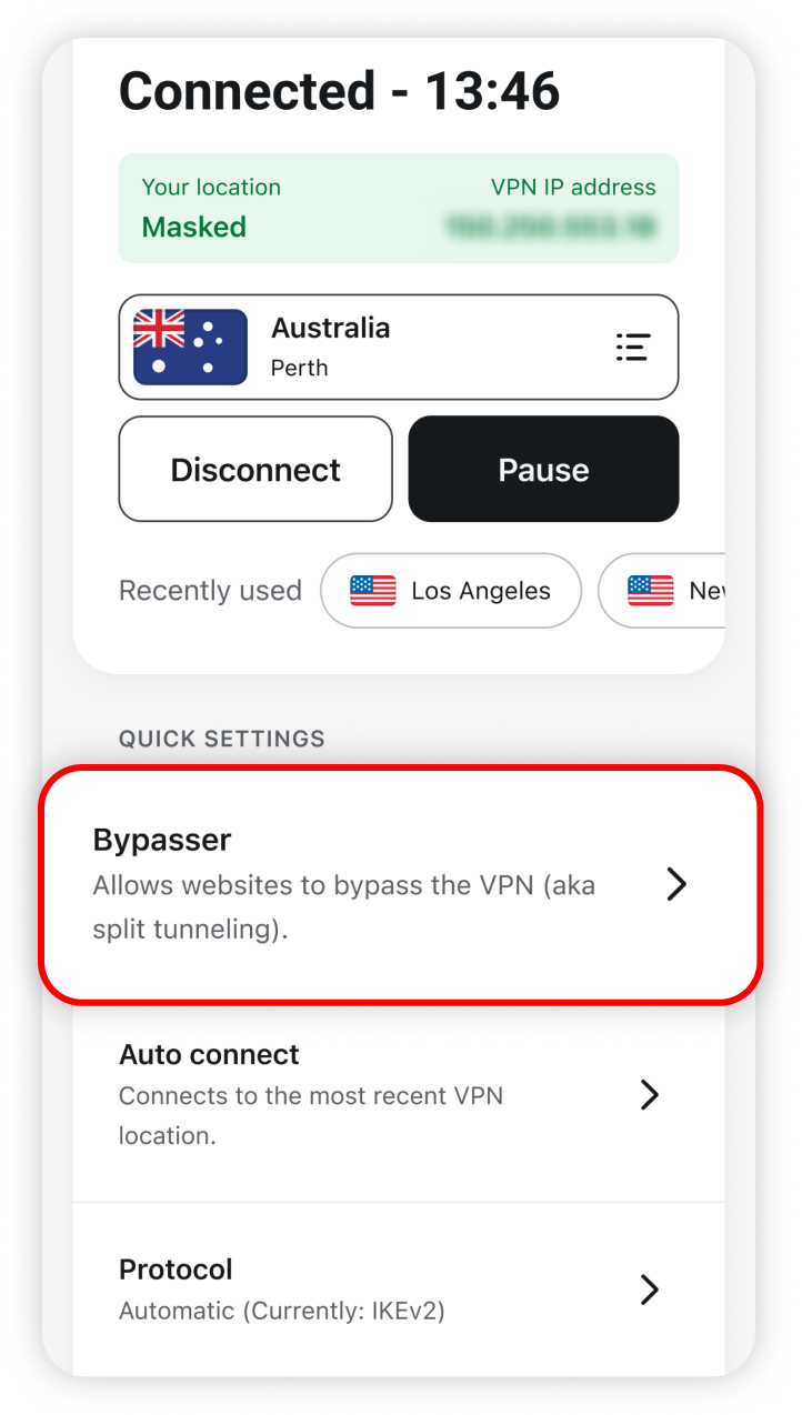Bypasser highlighted in the quick settings menu
