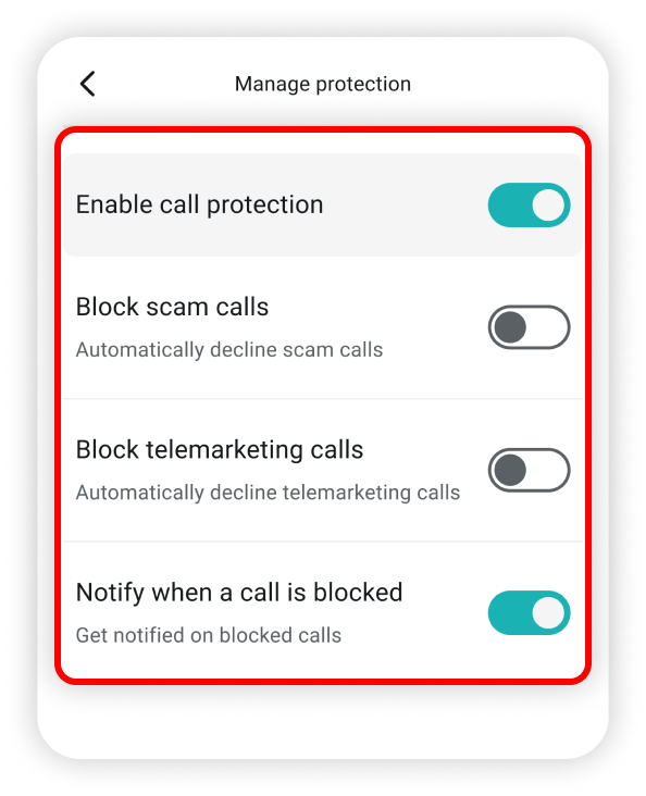 Available toggle switches highlighted in the call protection settings. 