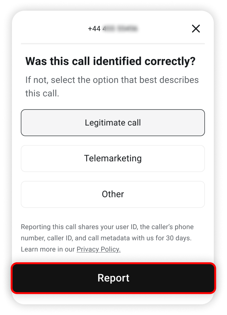 Report button highlighted in the report a call section.