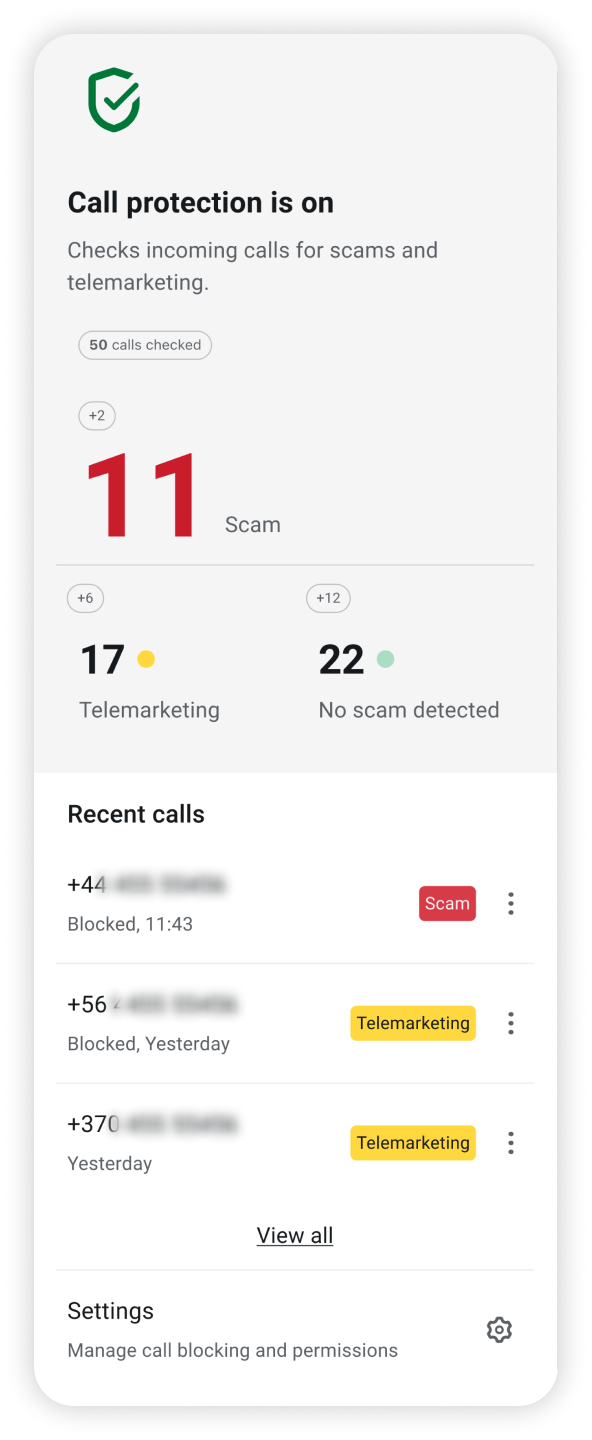 Call protection dashboard opened with total scam, telemarketing, recent calls, and settings options visible.