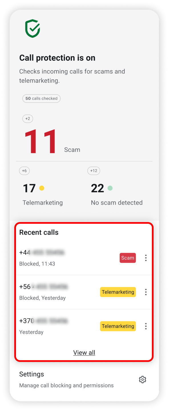 Recent calls highlighted in the call protection dashboard