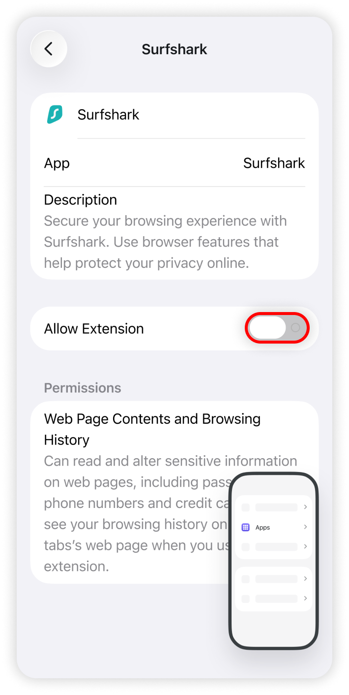 Allow extension toggle switch highlighted in the Safari extension settings