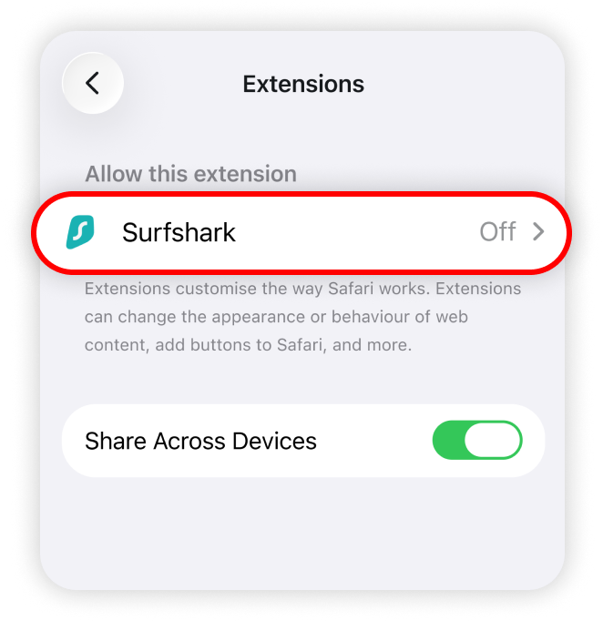 Surfshark button highlighted in the iOS Safari extension settings
