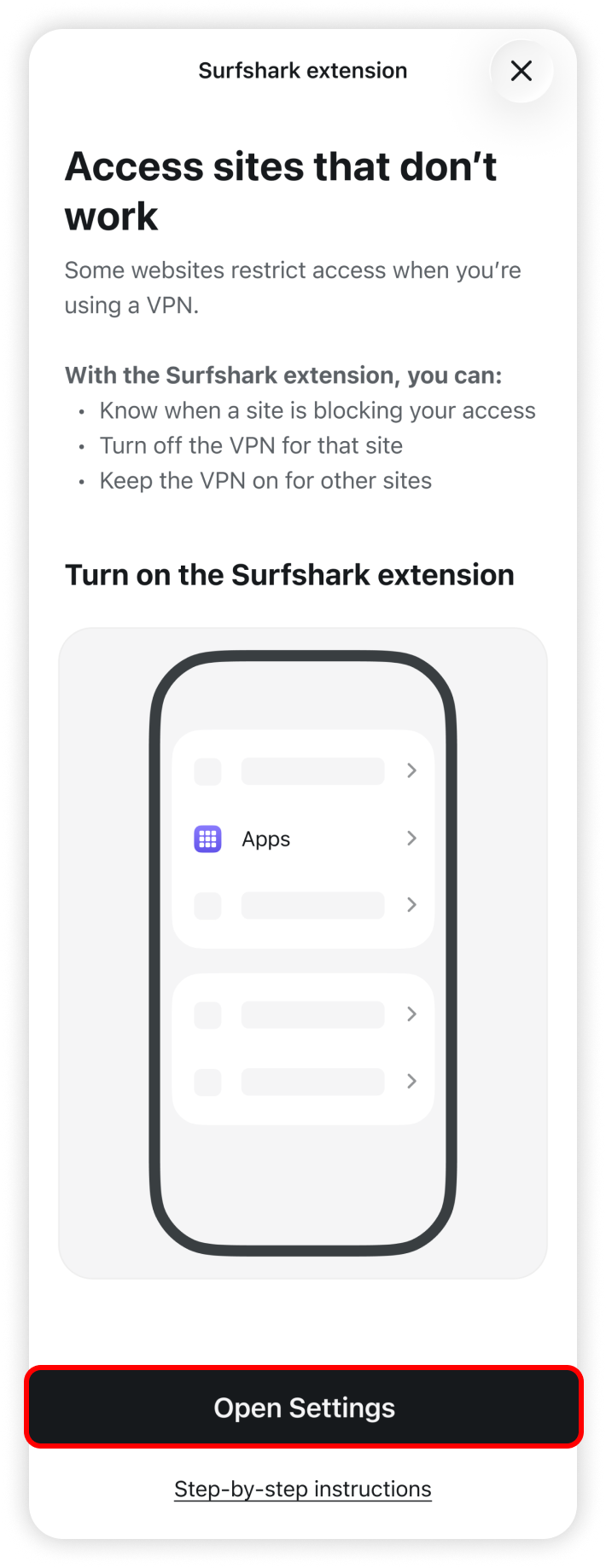 In app Surfshark extension tab opened, with open settings button highlighted